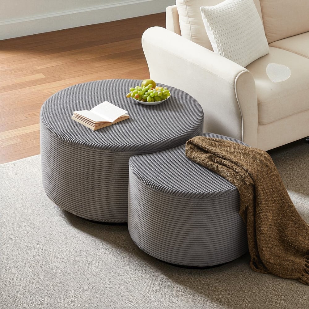 Set of 2 Round Nesting Coffee Tables, Upholstered Corduroy Ottoman Accent Tables, Modern Foam Design, No Assembly