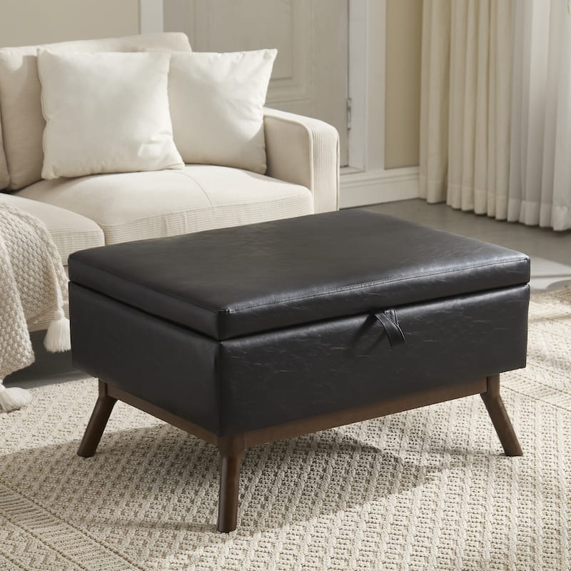 Square Storage Bench Coffee Table, Storage Ottoman Table with Wood Legs, Upholstered Footstool with Hidden Storage Compartment