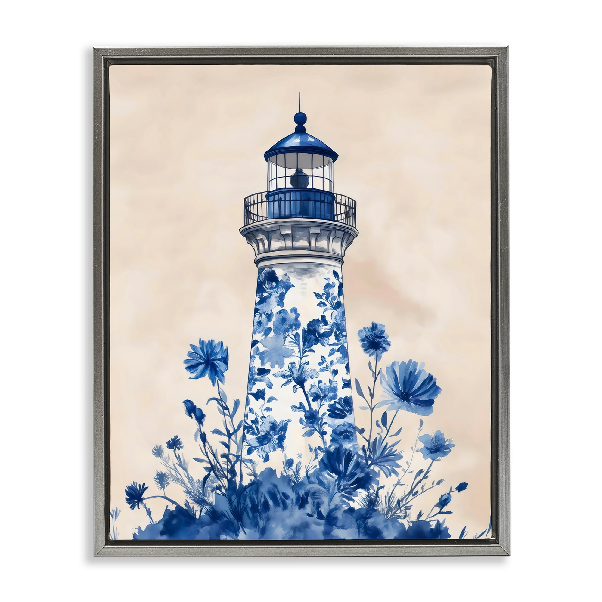 Stupell Blue Floral Lighthouse Framed Floater Canvas Wall Art Design By Arlington Prints