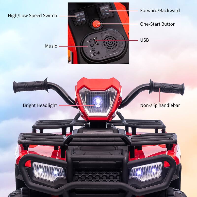 12V Kids Ride on ATV, Battery-Operated Car, Dual Speed Adjustment 1.5-2.2mph for Toddlers