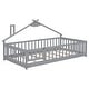 preview thumbnail 10 of 9, Grey Twin Size Pine Wood House-Shaped Bedside Floor Bed with Guardrails, Slats, with Door