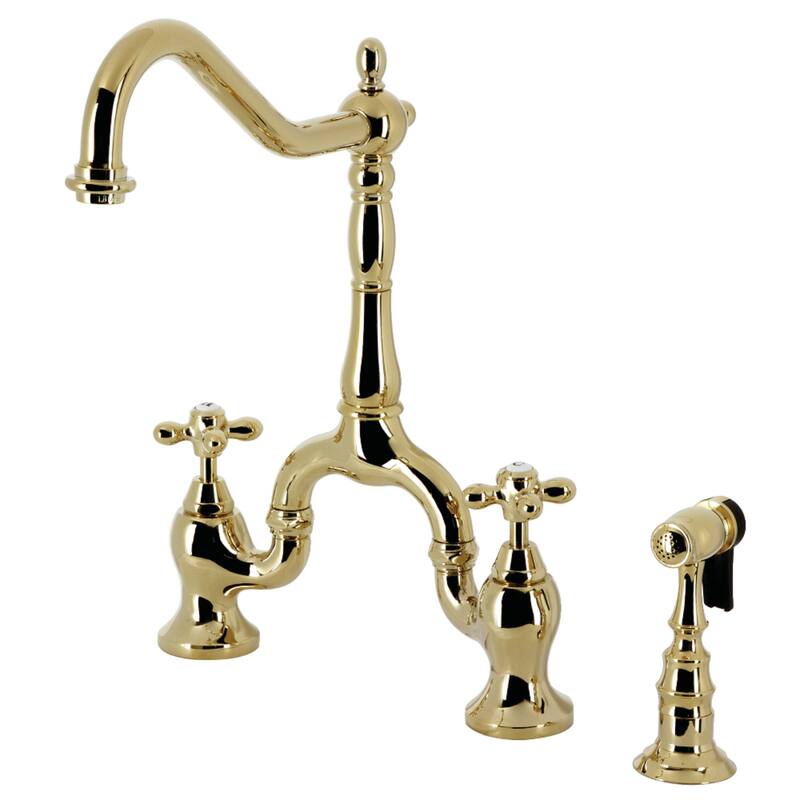 Kingston Brass English Country Bridge Kitchen Faucets with Brass Sprayer - Polished Brass