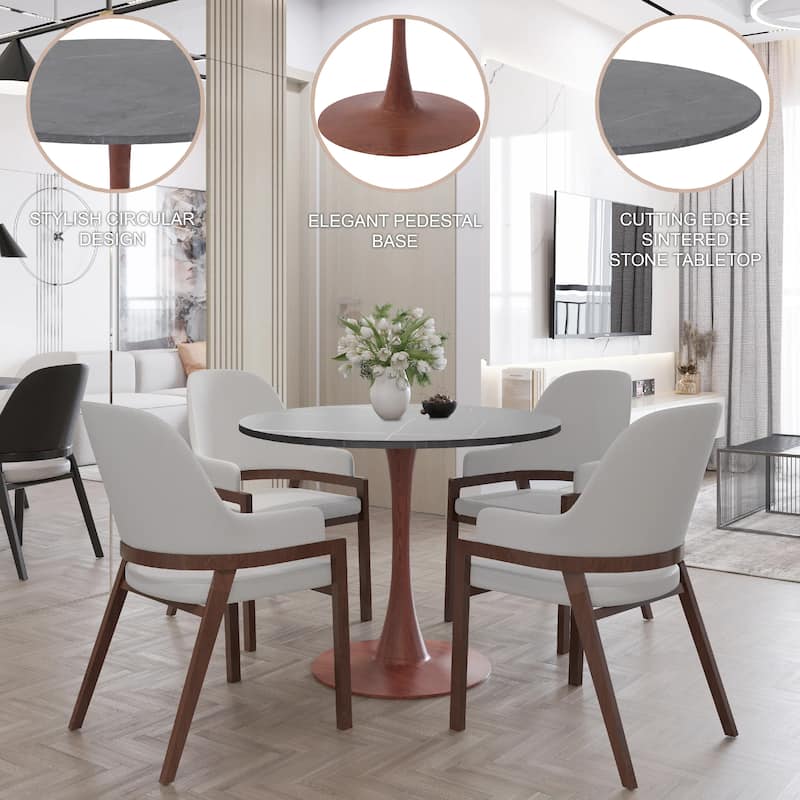 Bristol 27" Round Dining Table with Sintered Stone Top and Cherry Steel Pedestal Base for Modern Kitchen and Dining Room