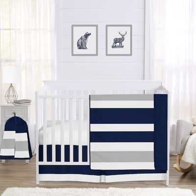 Sweet Jojo Designs Navy Blue and Grey Striped Microfiber Collection 4-piece Bumperless Crib Bedding Set