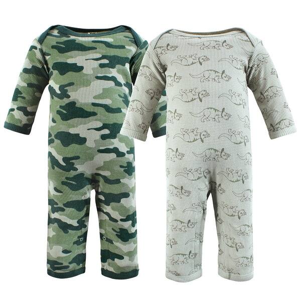 slide 1 of 1, Hudson Baby Infant Boy Thermal Coveralls 2pk, Sage Dinosaur 0 - 3 Months - Green/Grey