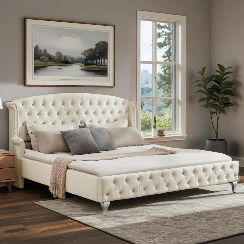 Christopher Knight Home - Larkswood Velvet Upholstered King Size Bed Frame with Wingback Headboard - Beige