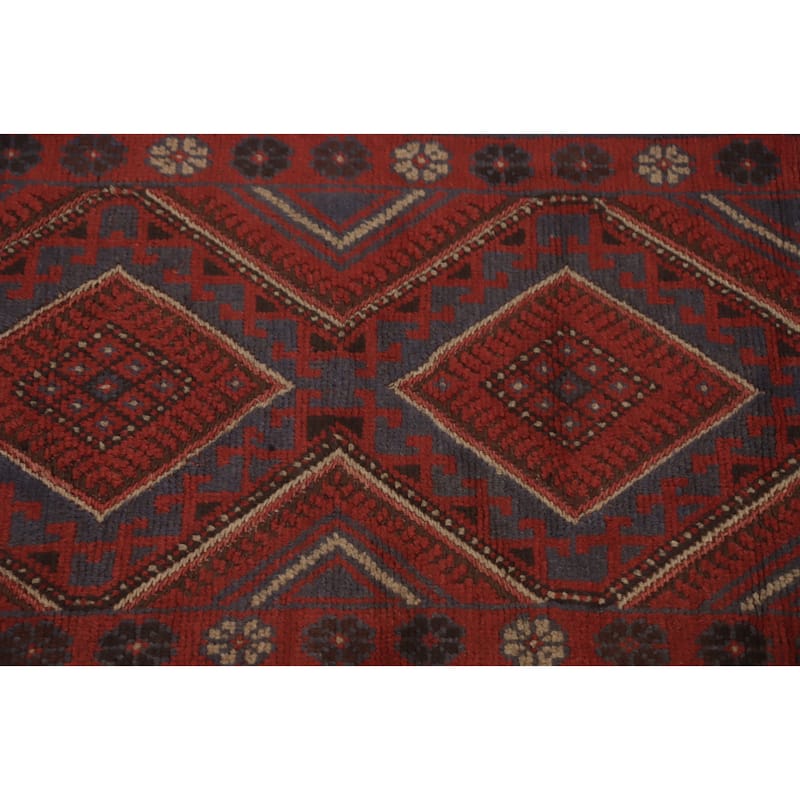 Hand Knotted Oriental 100% Wool Carpet Traditional Tribal Red Balouch Runner Rug - 8' 1'' X 2' 0''