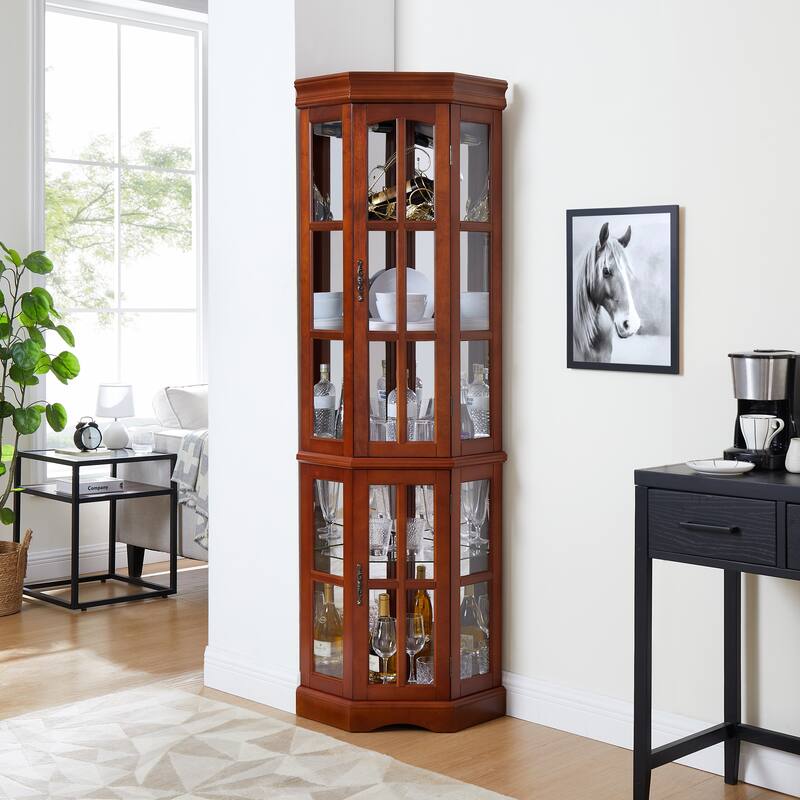 Lighted Curio Display Cabinet, China Cabinet with Tempered Glass Doors & Adjustable Shelves, Freestanding Glass Display Case - Walnut