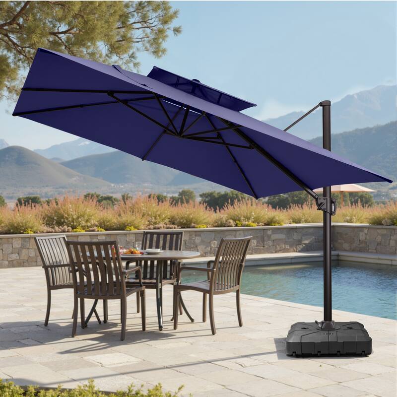 Pellebant 11X11FT Outdoor Patio Cantilever Offset 360 Degree Rotation Umbrella with HDPE Base - Navy Blue