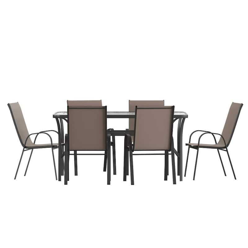7 Piece Patio Dining Table and Chairs Set with Glass Table and 6 Chairs