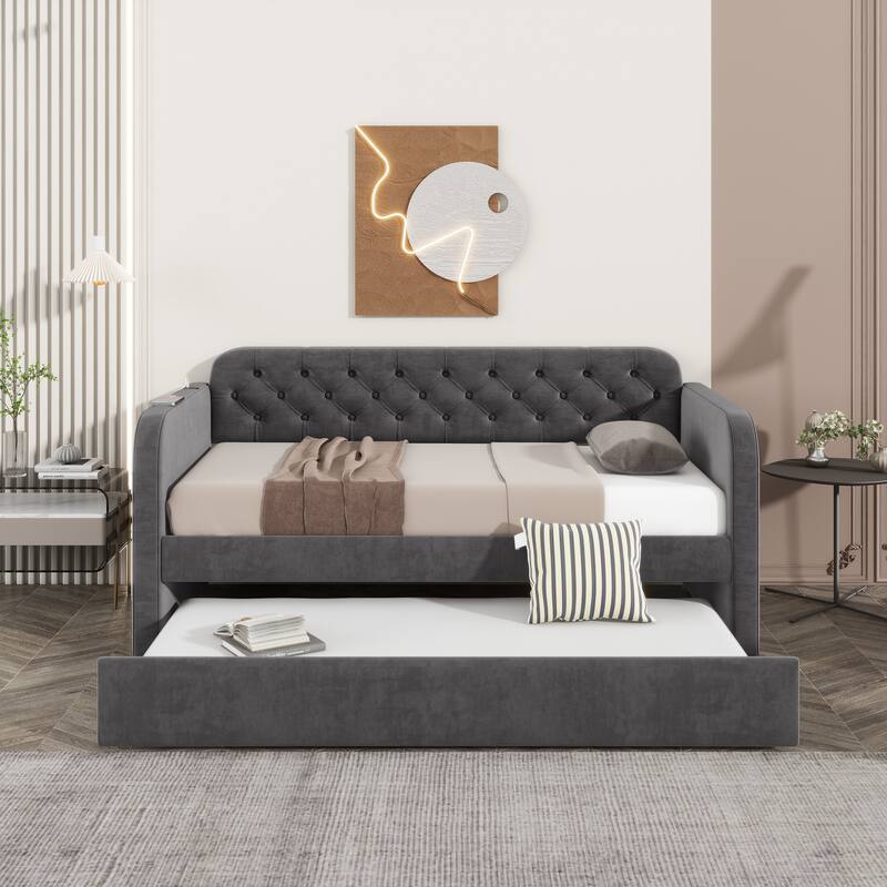 Upholstered Daybed Wooden Sofa Bed Frame, Twin Bed with Trundle & USB