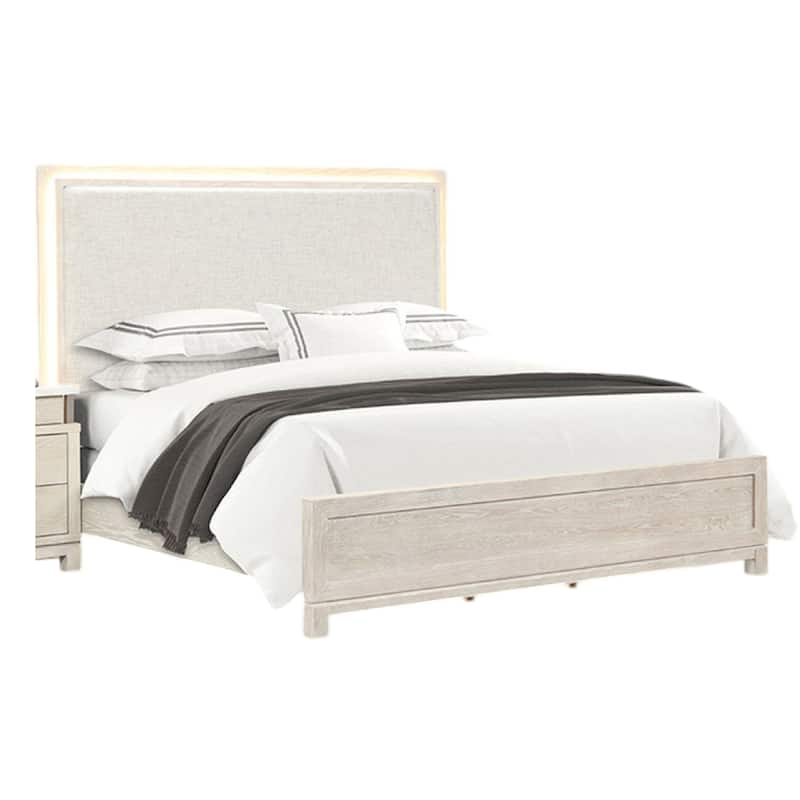 Loji King Bed, Upholstered Headboard with LED, Weathered Gray Wood