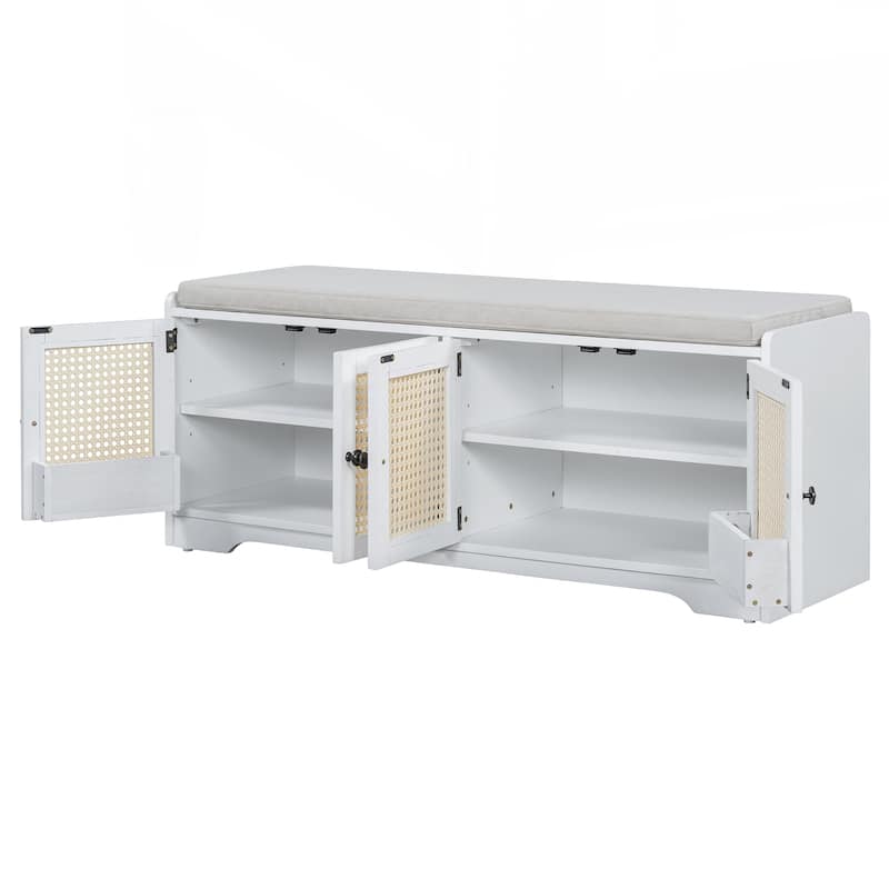 Rustic Storage Bench Multifunctional Wood Entryway Shoe Bench with Removable Cushion, Woven Rattan Doors & Adjustable Shelves