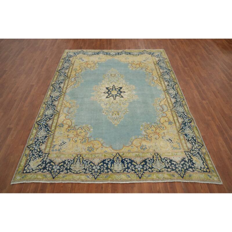 Hand Knotted Oriental 100% Wool Carpet Traditional Floral Navy Blue & Blues Kerman Area Rug - 10' 1'' X 7' 4''