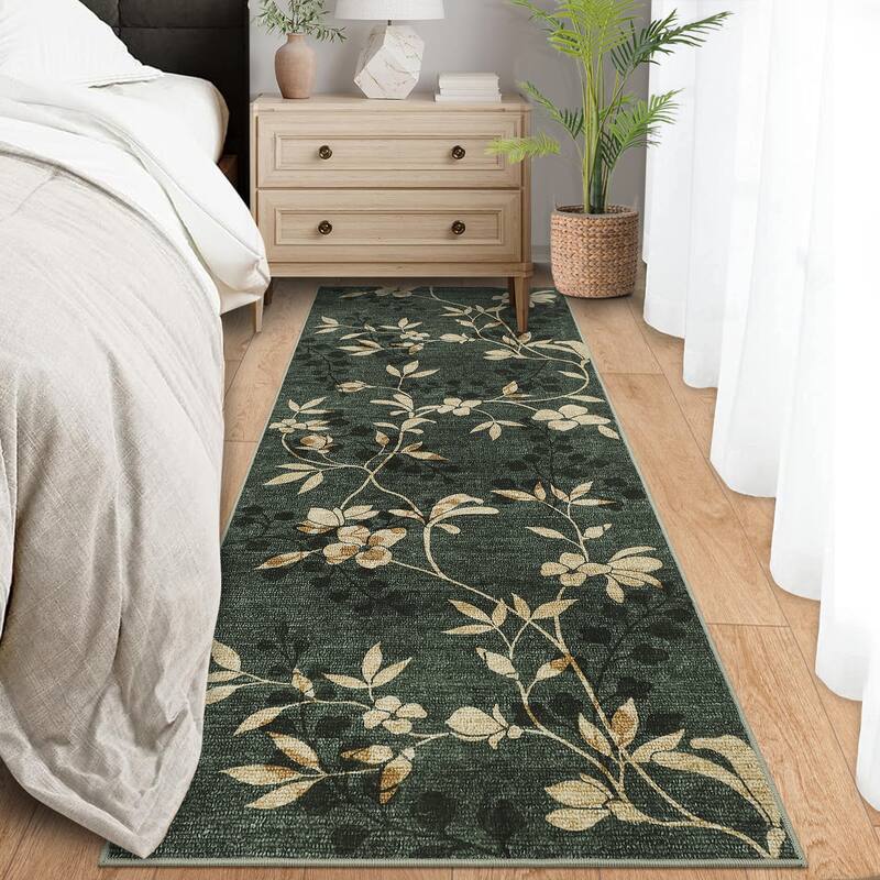 Modern Leaves Pattern Area Rug Botanical Print Washable Rugs for Living Room Bedroom Non-Slip Low Pile Floor Carpet - 2'x6' - Green