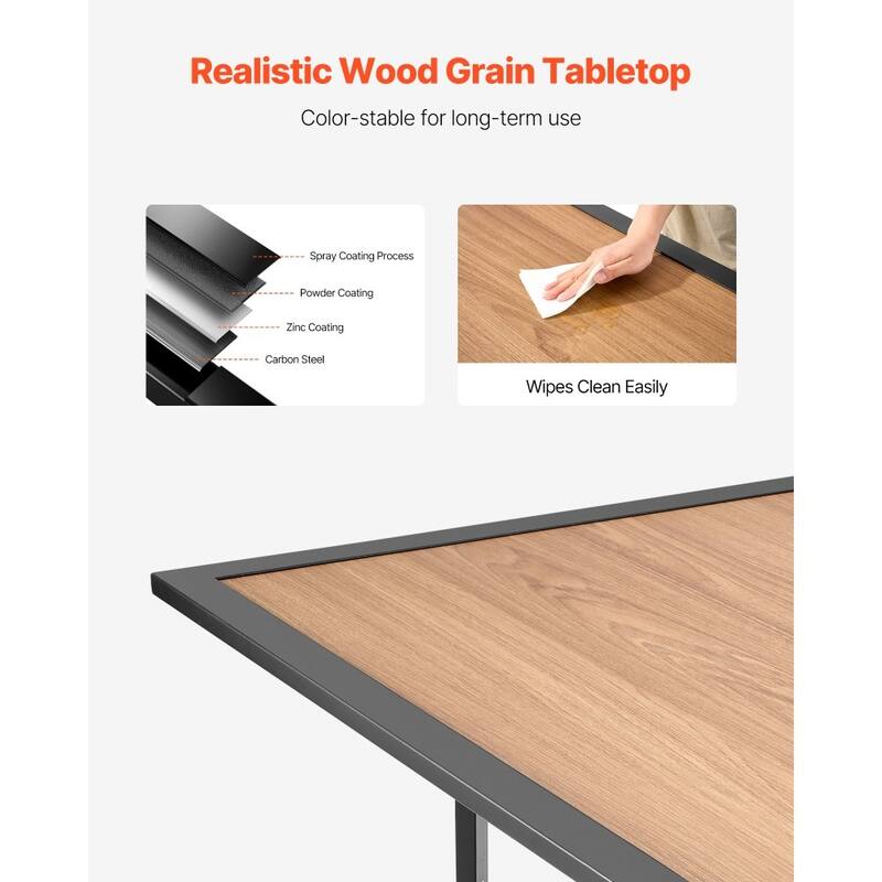 Outdoor Patio Dining Table Brown Wood Grain Carbon Steel Weather Resistant Table with Umbrella Hole - 59x38x29 in