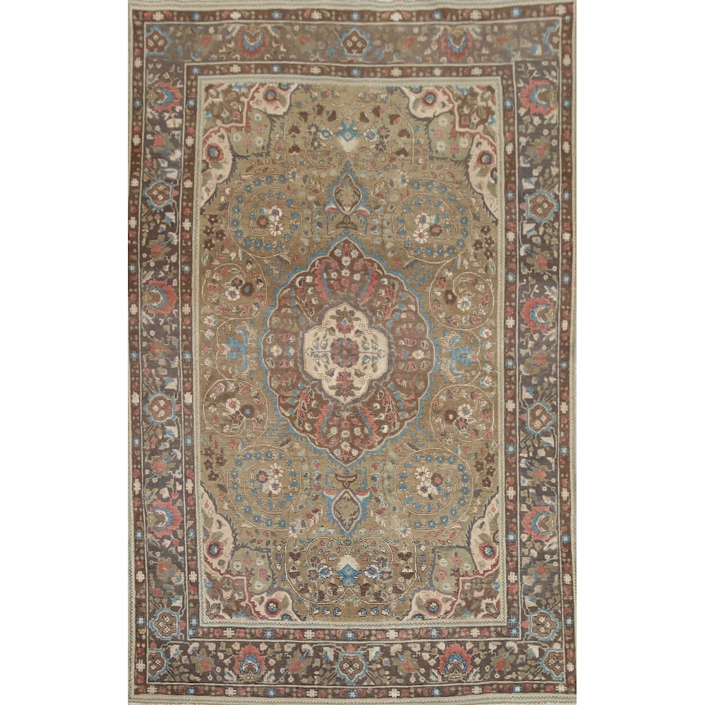 Hand Knotted Oriental 100% Wool Carpet Traditional Floral Green Tabriz Area Rug - 9' 5'' X 6' 4''