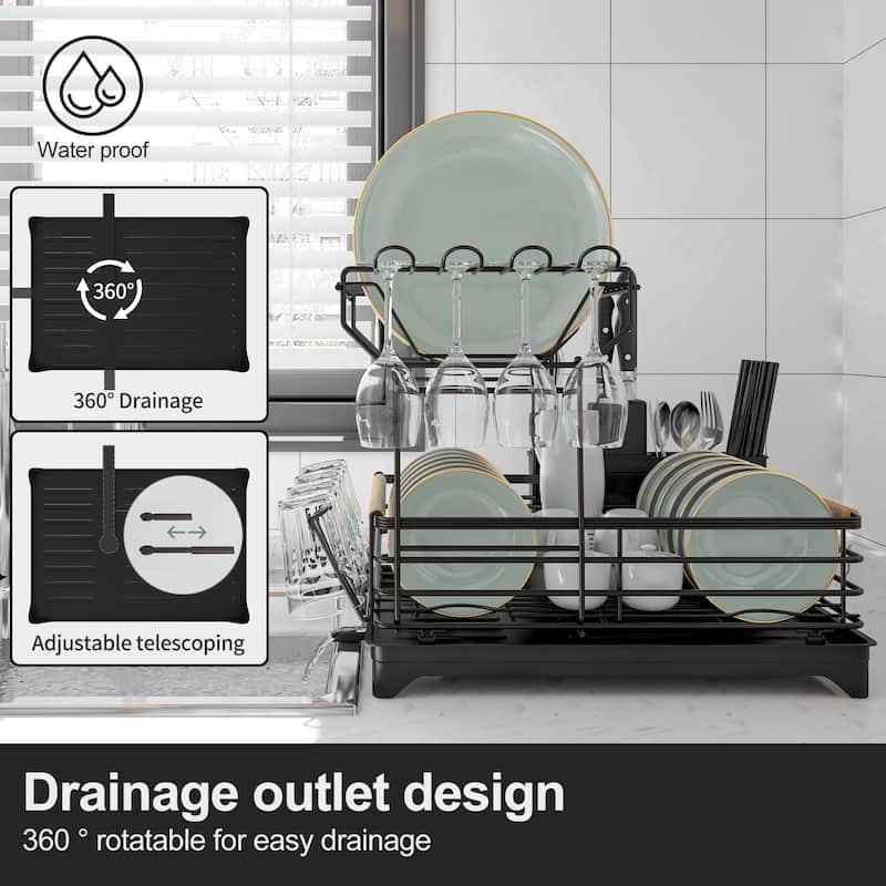 Double-Layer Dish Rack with Bamboo Handle