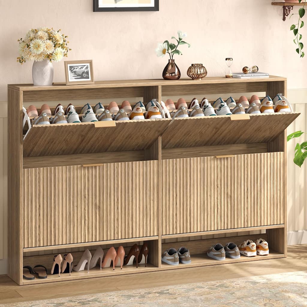 47.2''W Shoe Storage Cabinet for Entryway with 4 Flip Drawers, Fluted Slim Shoe Cabinet for Foyer, Hallway