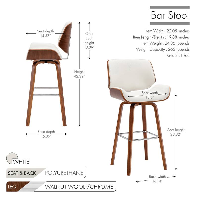 Porthos Home Oma Swivel Bar Stool, PU Leather, Wooden Legs with Footrest