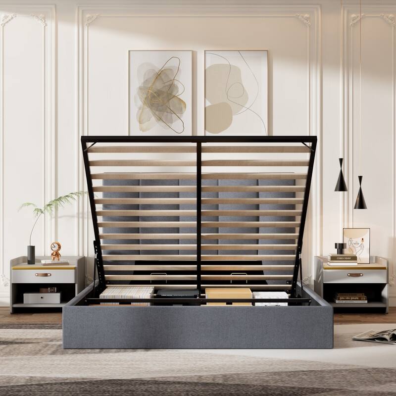 Modern Upholstered Lift-Up Storage Platform Bed with Headboard - Grey - Full