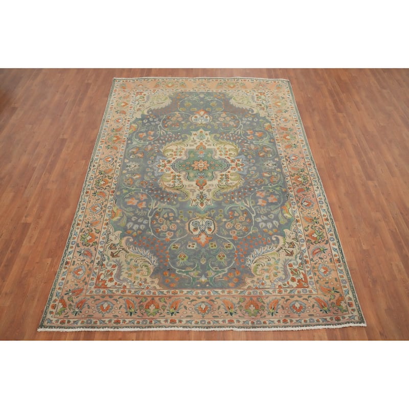 Hand Knotted Oriental 100% Wool Carpet Traditional Floral Greys & Charcoal Tabriz Area Rug - 9' 6'' X 6' 8''