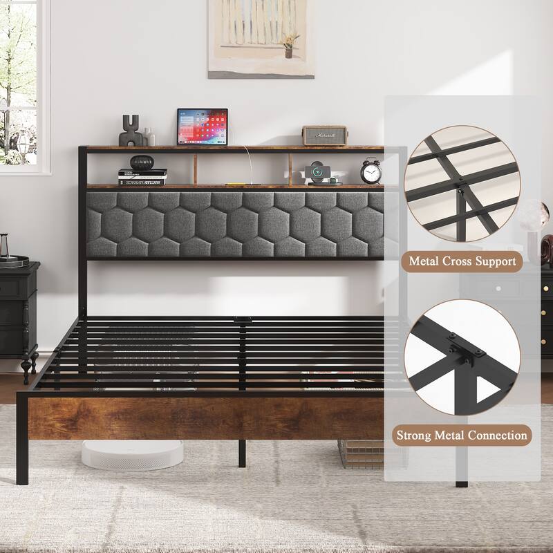 Wooden Platform Bed Frame with 2 USBs,No Noise