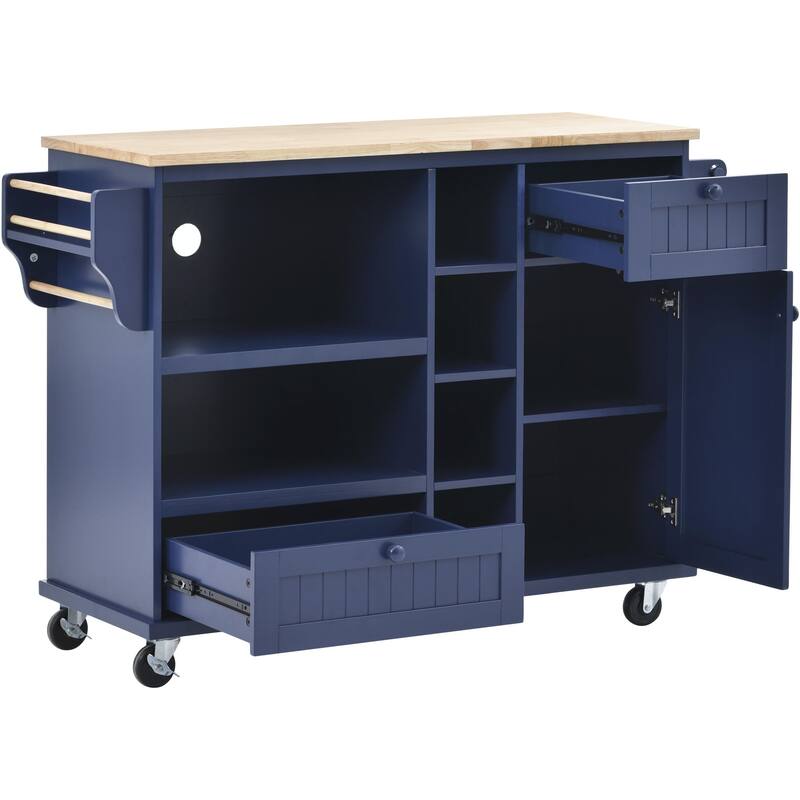 Rubberwood Kitchen Cart with Drop Leaf, Microwave storage rack, Exterior Shelves, and 2 drawers