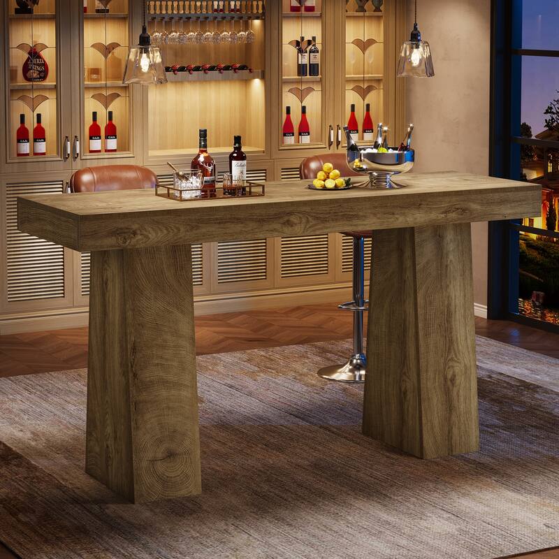 63-Inch Bar Table, Wood Counter Height Pub Table, Rectangular Home Bar for Kitchen, Dining/Living Room - Brown