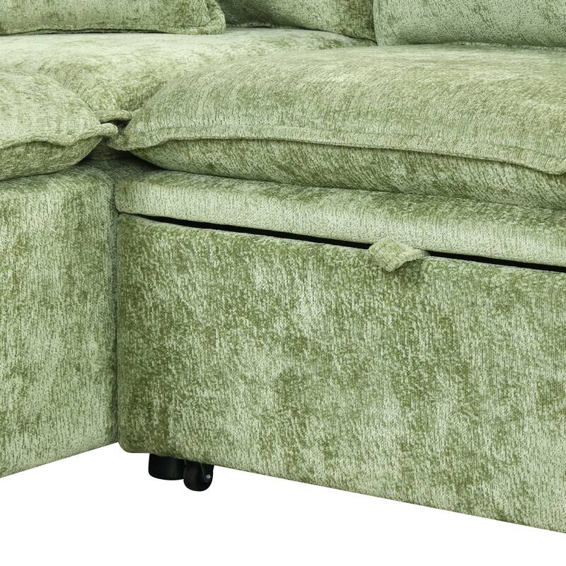 82.67" Chenille L-Shape Sectional Convertible Sofa Bed with Storage Ottoman, USB Ports and Power Sockets