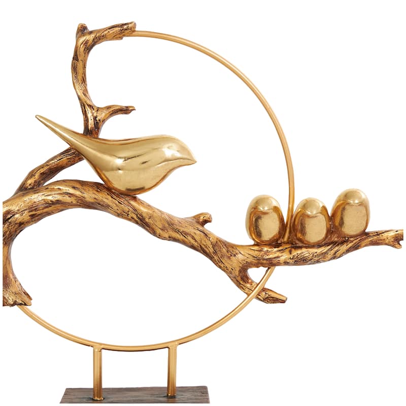 Gold Polystone Family On A Branch Bird Decorative Sculpture with Brown Block Base
