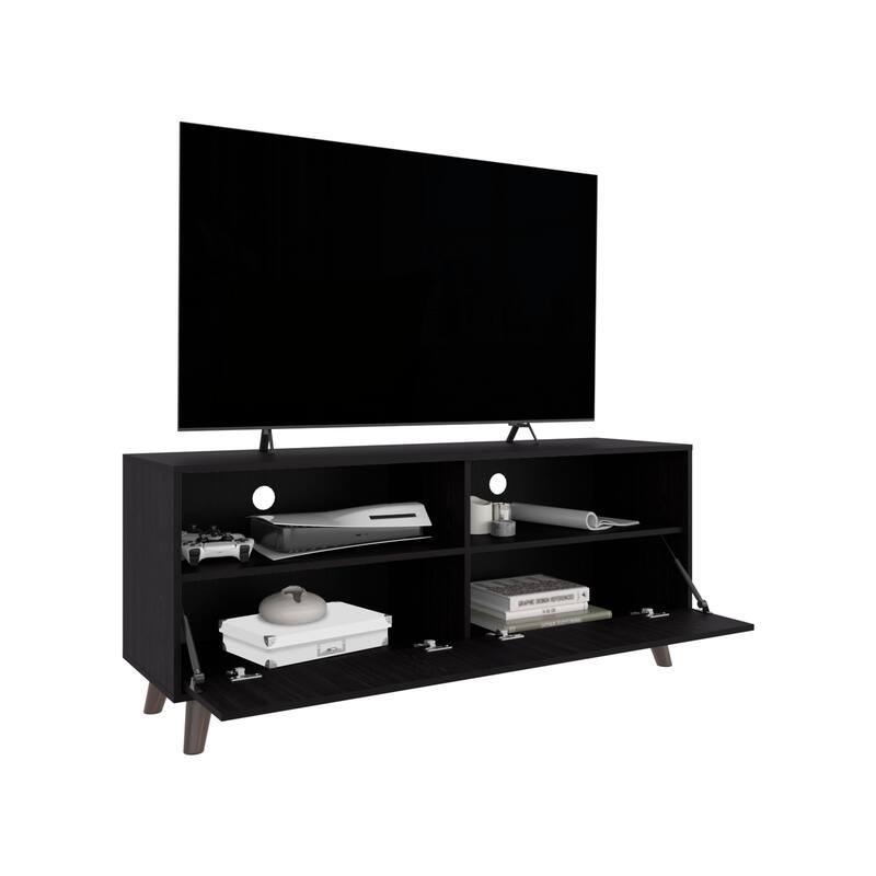 Tv Stand With 2 Doors And Open Storage Shelves, Modern Entertainment Center,Black