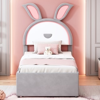 Rabbit-Shaped Velvet Platform Bed Frame with Trundle & LED Lights