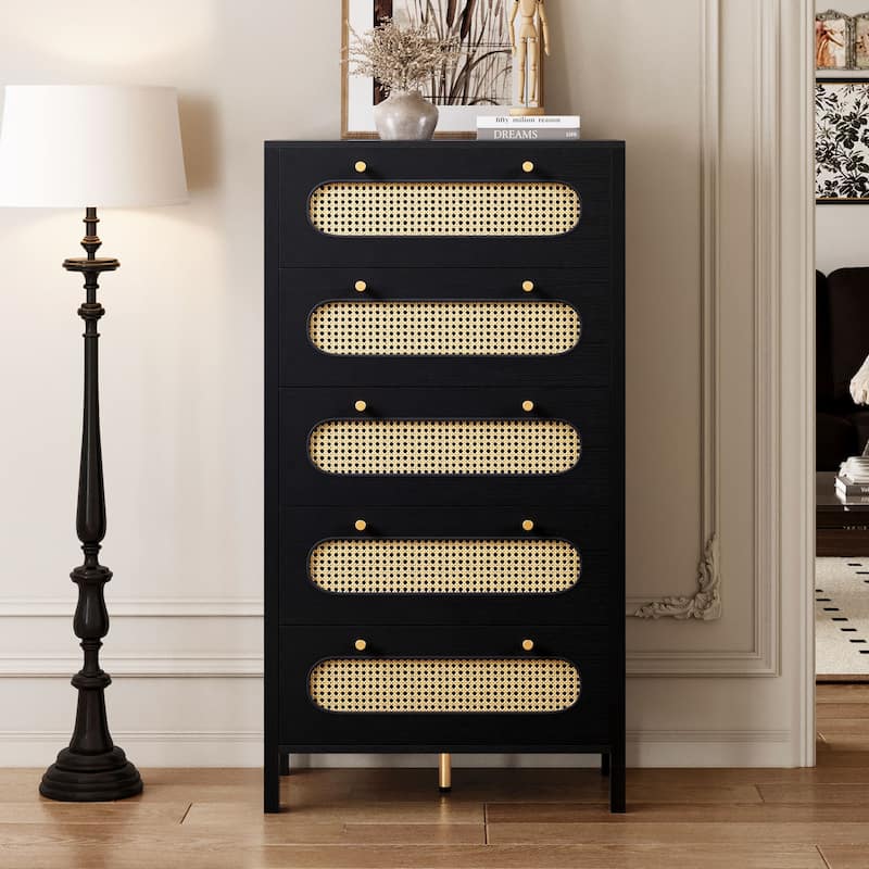 Moasis 4-6-Drawer Dresser Chest Drawer Storage Cabinet Rattan Wood Closet - Black - 5-drawer