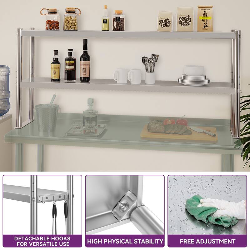 Stainless Steel Overshelf, 2 Tier Overshelf with Hook, Adjustable Double Overshelf for Kitchen Prep Table