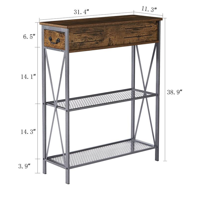Modern Narrow Console Table with 2 Dual Drawer and Shelves, Brown