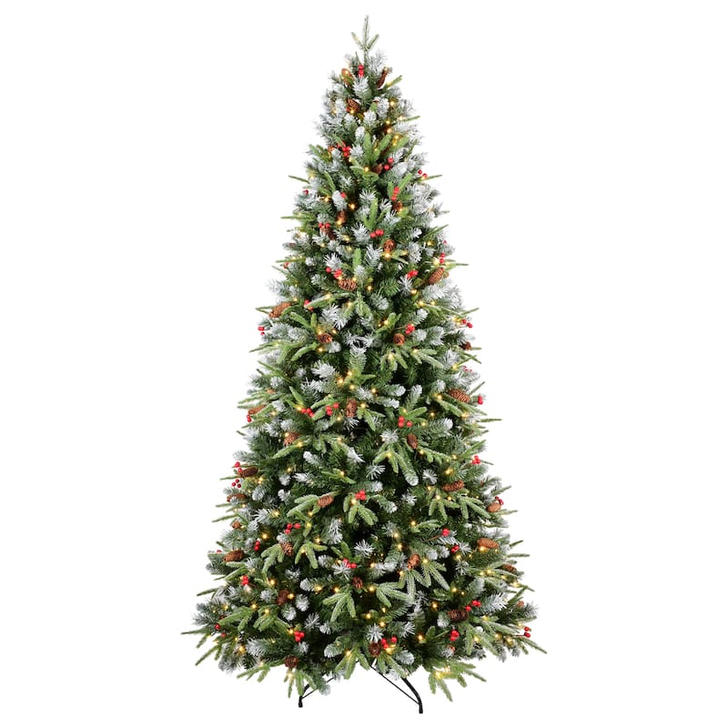 6FT Christmas Tree with 350 Warm White LED Lights-1593 Snow-Tipped PE+PVC Branches, Red Berries&Pine Cones, Hinged Design