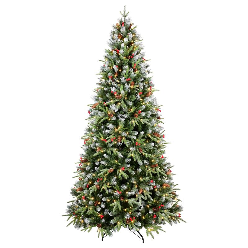 9FT Christmas Tree with 750 Warm White LED Lights-3750 Snow-Tipped PE+PVC Branches,Red Berries & Pine Cones,Hinged Design