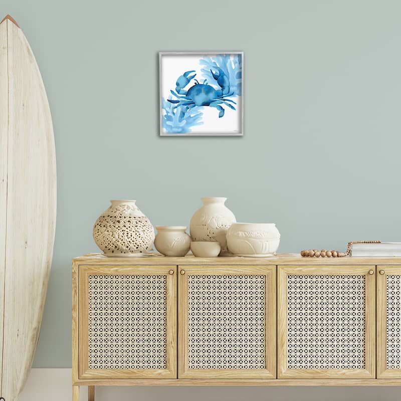 Stupell Blue Tone Crab & Coral Framed Giclee Art Design By Cat Thurman Designs