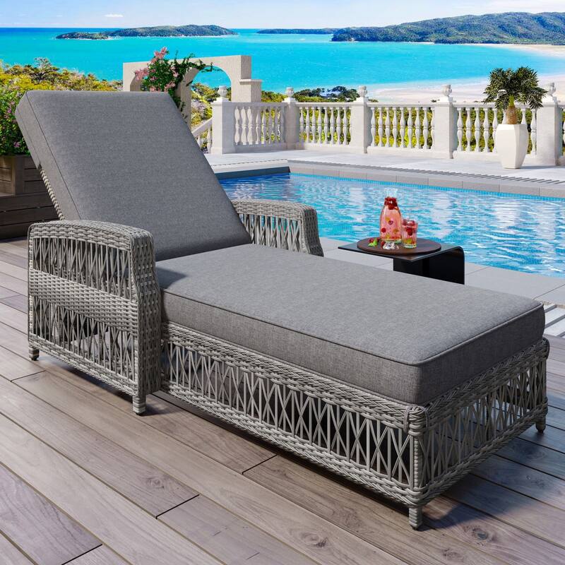 Outdoor Wicker Chaise Lounge, Patio Adjustable Recliner