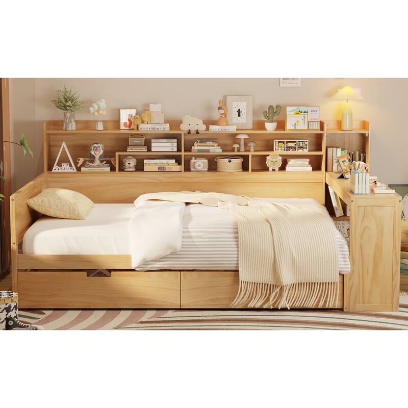 Wooden Full Size Daybed with Storage Shelves, Multi-functional Bed with Two Storage Drawers and Study Desk