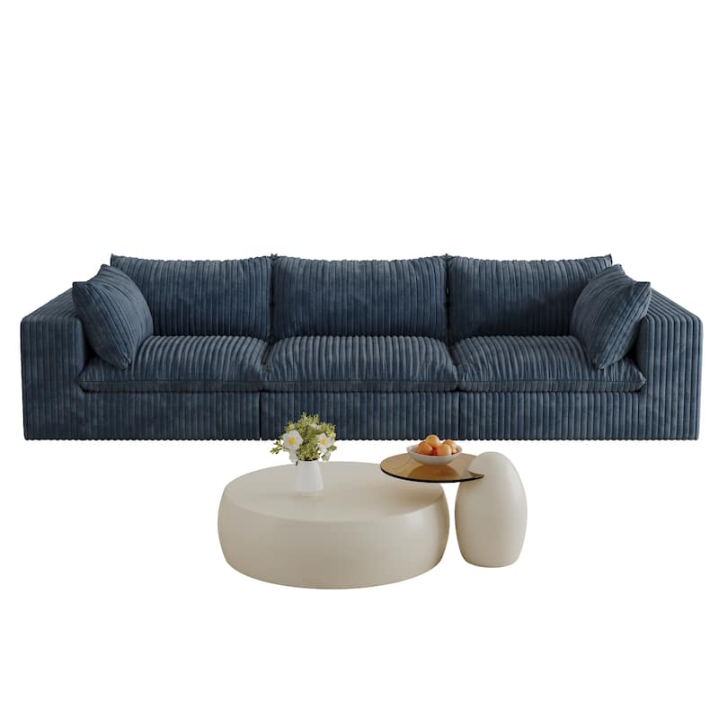 118.2" Blue Corduroy Fabric Sofa, Deep Seat, Double-layer, Removable Cushion, No Assembly, DIY Combination