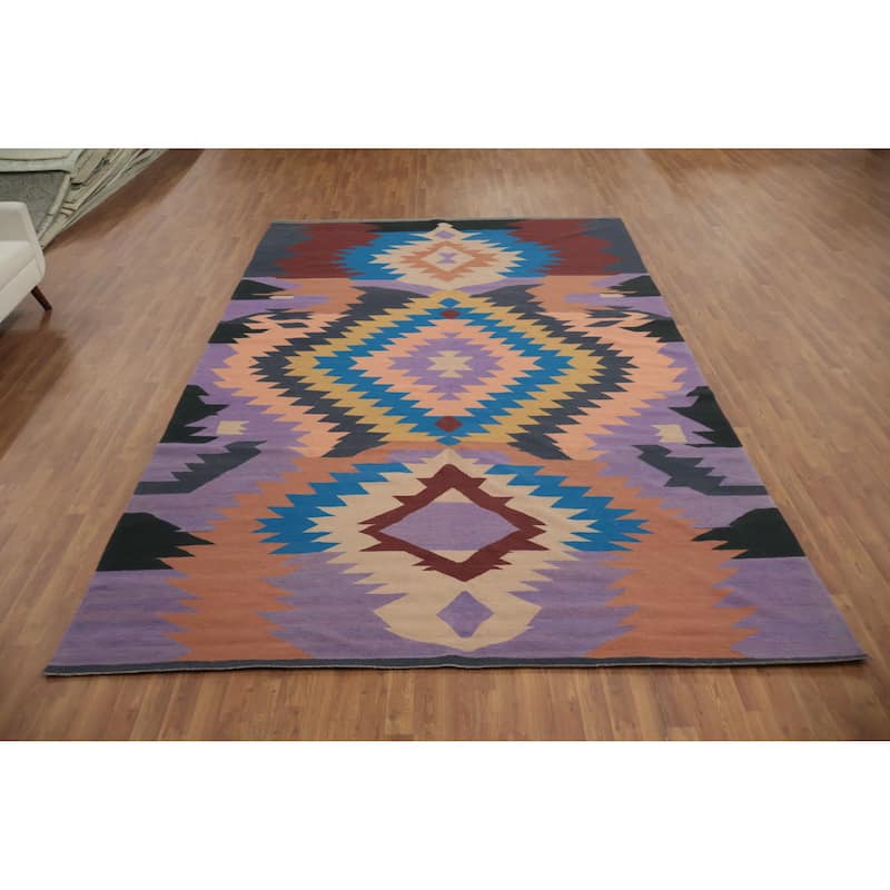 Hand Woven Oriental 100% Wool Carpet Southwestern Tribal Purples Kilim Area Rug - 13' 3'' X 8' 7''