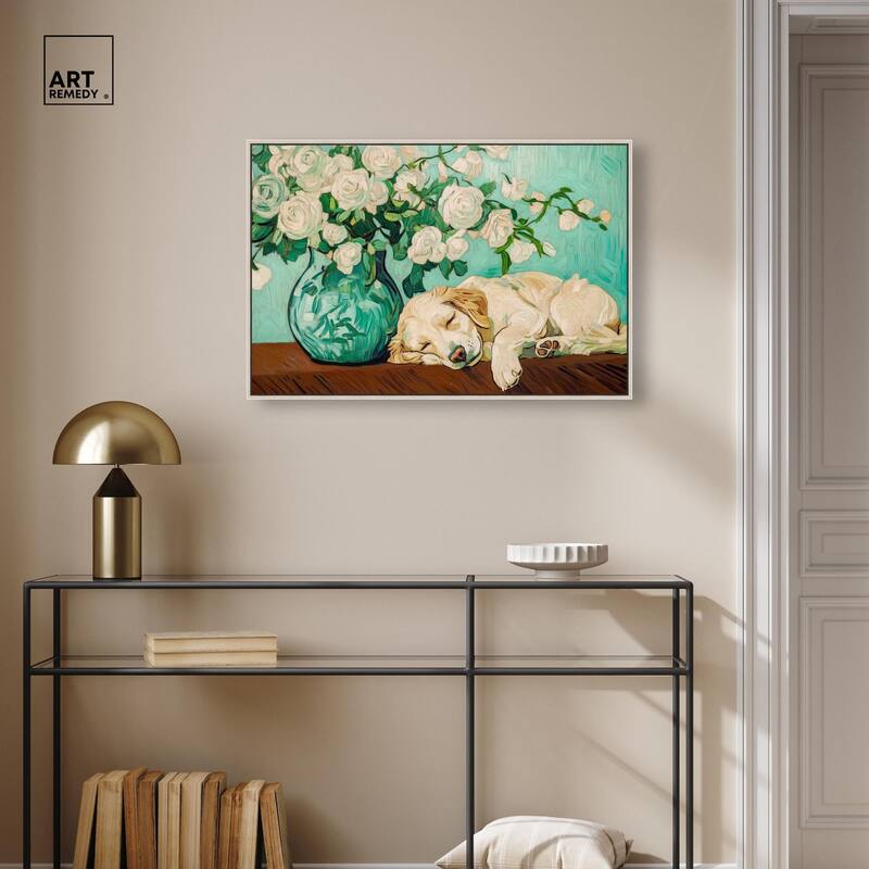 Rose Vase Puppy Canvas by Art Remedy