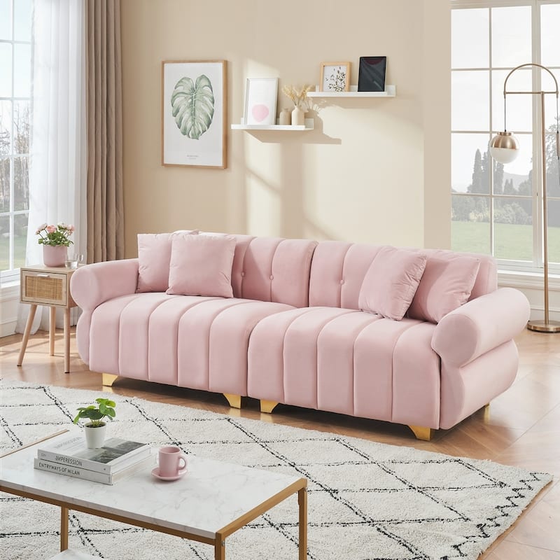 spring-wrapped Sofa cushions with stylish metal feet and 4 throw pillows - Pink