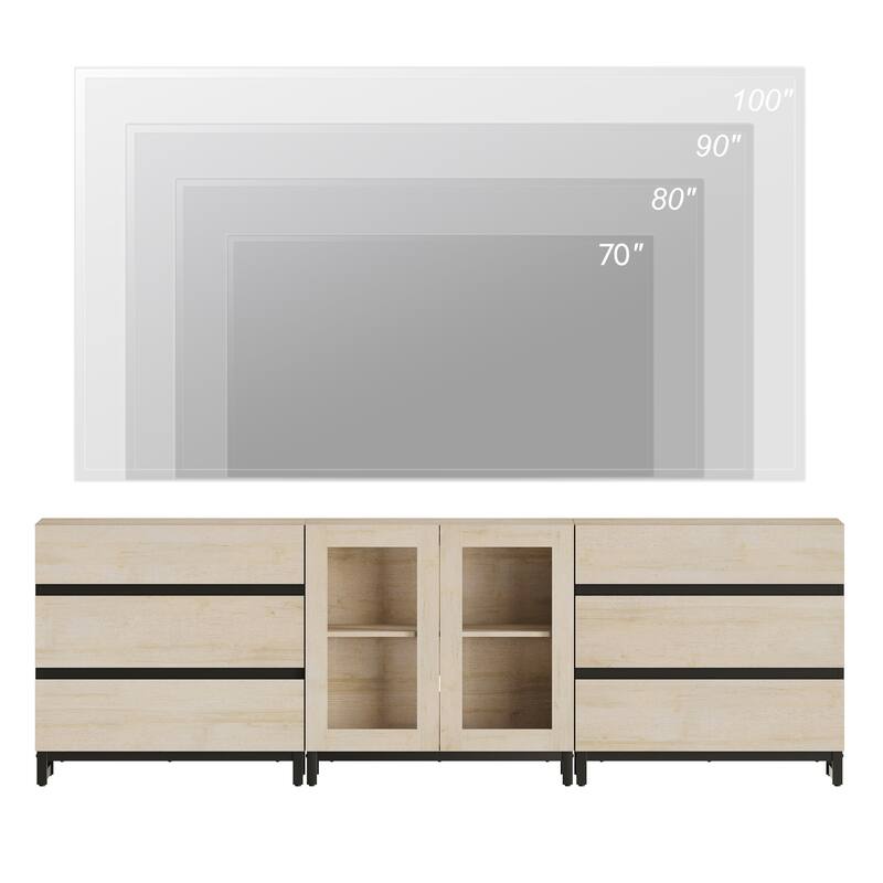 3 In 1 TV Stand for Tvs Up to 100 Inch, Modern TV Console with Glass Doors and 6 Drawers, Entertainment Center for Living Room