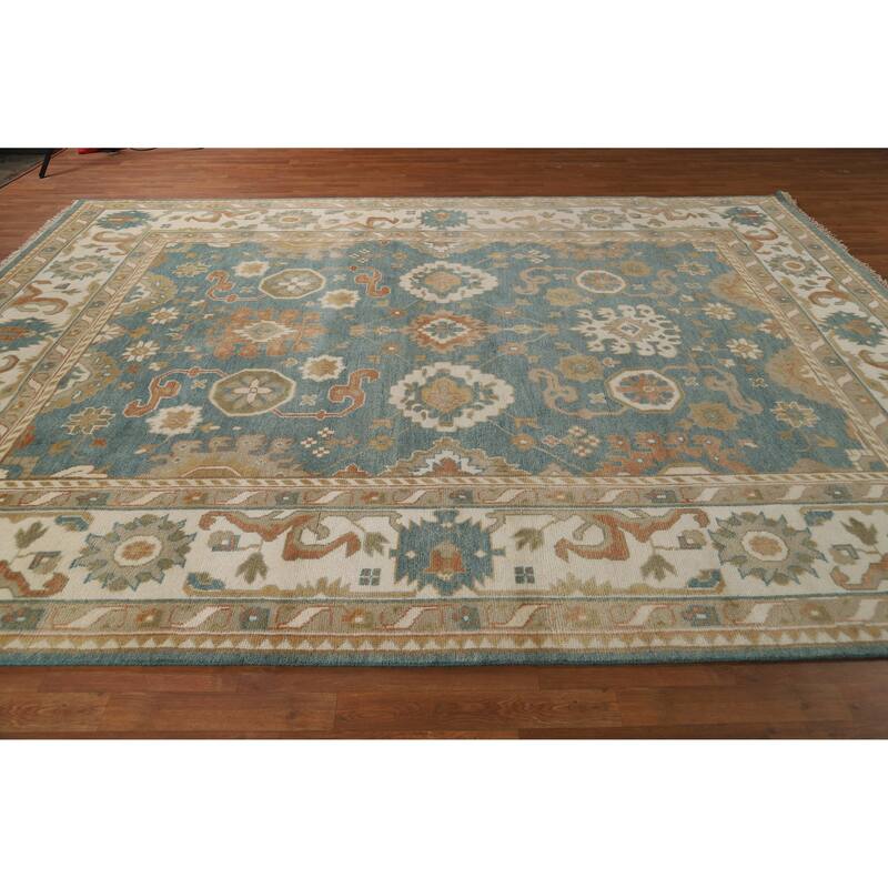 Floral Blue Oushak Style Area Rug Handmade Wool Carpet - 9'0" x 11'10"