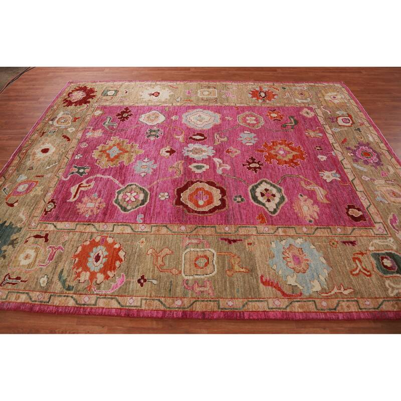 Hand Knotted Oriental 100% Wool Carpet Transitional All-Over Pink Oushak Area Rug - 9' 9'' X 8' 0''