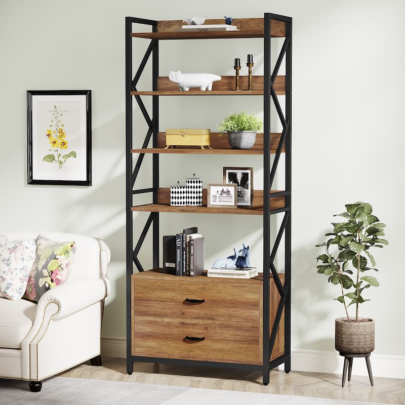70.8" Bookshelf with 2 Drawers and open shelves, Industrial Bookcase with 2 Drawers