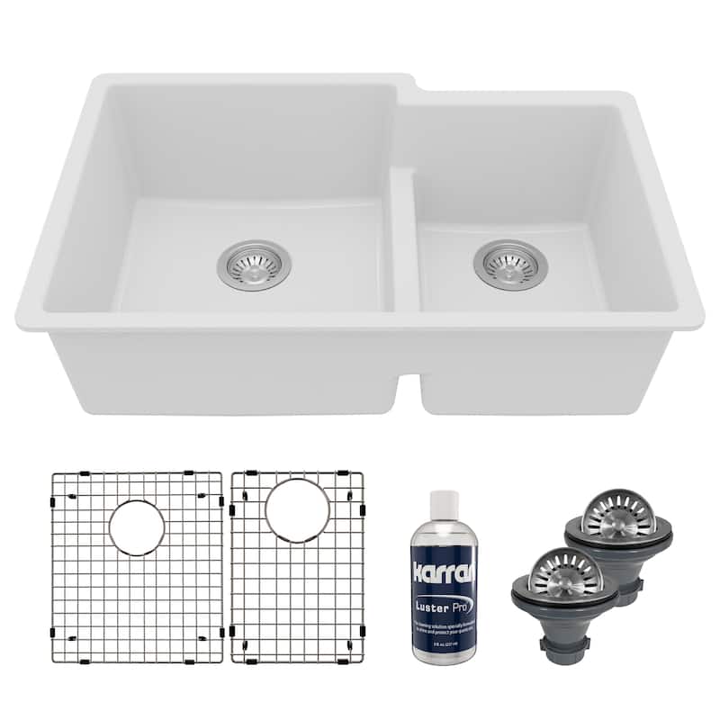 Karran 32" Undermount Large/Small Bowl Quartz Kitchen Sink Kit - 32" x 21.25" x 9" - White